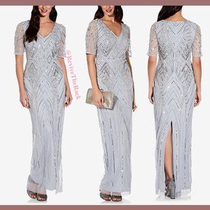 NWT $349 Adrianna Papell V-neck Beaded Gown in‎ Glacier [SZ 0 ]